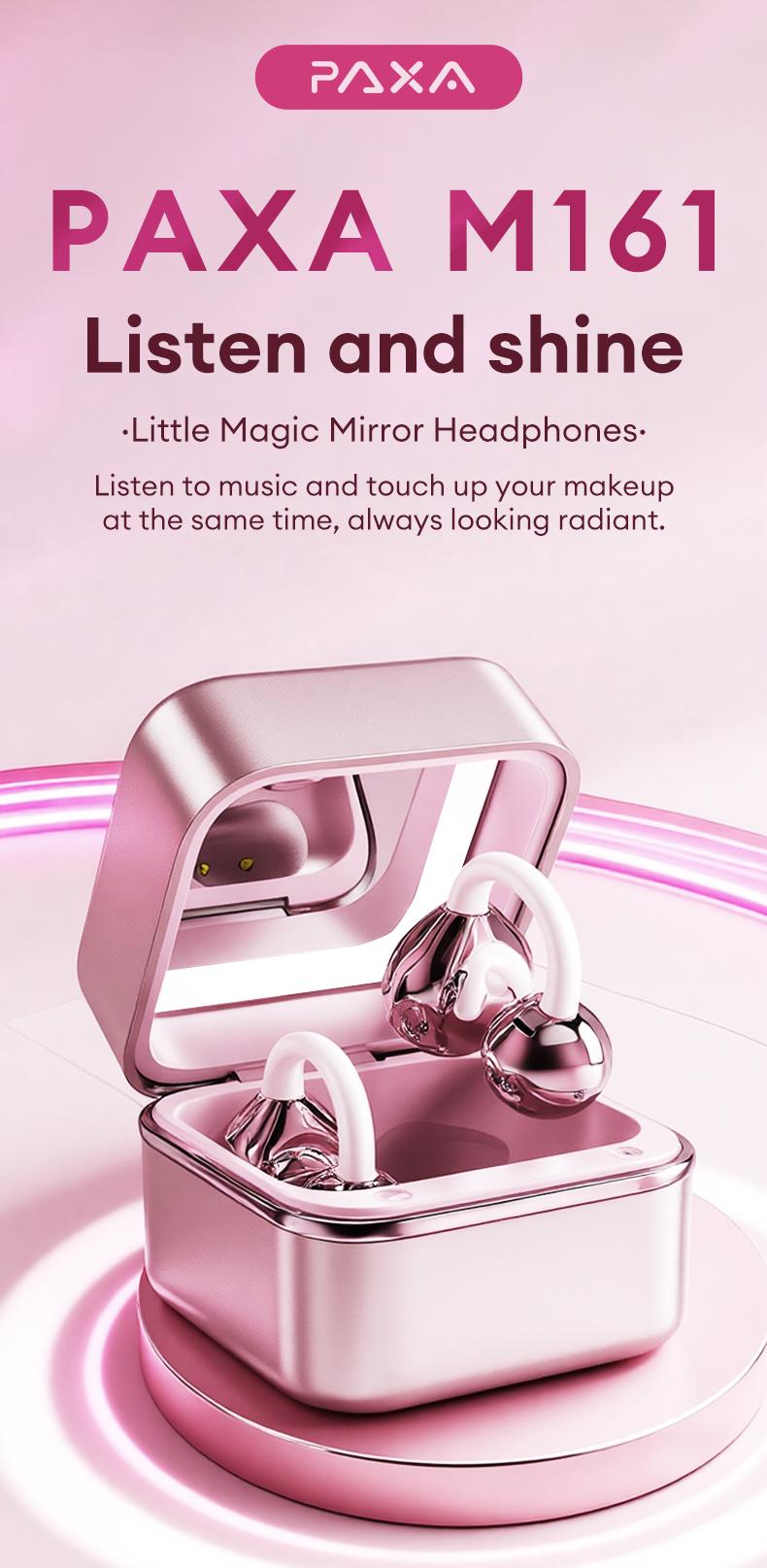 PAXA M161 Stylish Clip-On Wireless Headphones with Bluetooth 6.0, Built-In Makeup Mirror & Fill Light, Hi-Definition Sound, Low-Power Stable Connection, Audio Earbuds for Music & Phone Calls, Perfect Gift for Girls