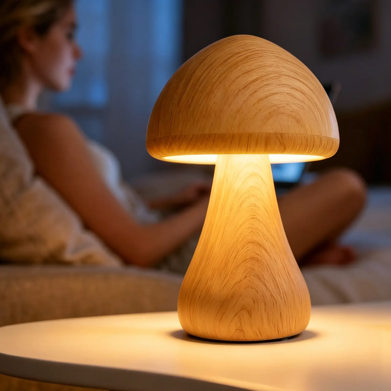 Mushroom Shape Aesthetic Table Lamp - Beech Wood Base, USB Rechargeable with Port, Tap-Top Touch Control, 3 Color Modes, Anti-Slip Surface, Soft Adjustable Bedroom Lighting, Batteries-Included Unique Kids Room Decor, Adjustable Indoor Lights for Bedroom