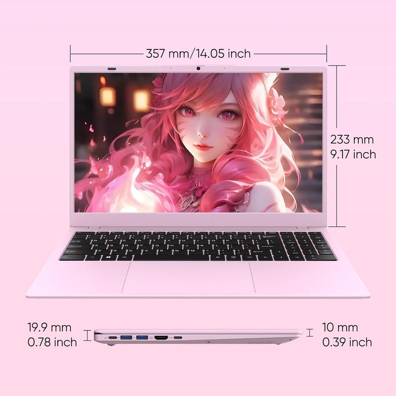 15.6” Pink Laptop Intel N150 4-Core (Beats N95/N100) 12GB DDR5 512GB SSD 1080p IPS WiFi 6 BT5.2 5000mAh Large Capacity Battery Perfect for College & Travel Your Campus Essential