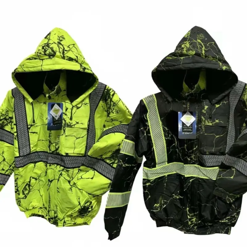 Men's Camouflage Bomber Jacket, Hi-Visibility Long Sleeve Winter Coat with Reflective Tape and Removable Hood, Hood Removable
