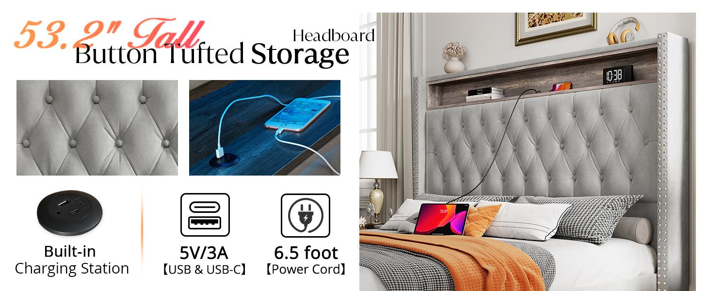 AMERLIFE LED Bed Frame with USB Ports and Motion Activated Night Light, Upholstered Bed Frame with Storage Button Tufted Headboard and Wingback, Comfortable&Sturdy/Queen/King Size/Best Gift Ideas/Christmas Gifts