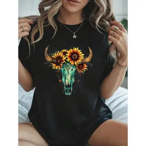 Summer Skull & Sunflower Cotton Shirt – Women's Vintage Boho Short Sleeve T-Shirt