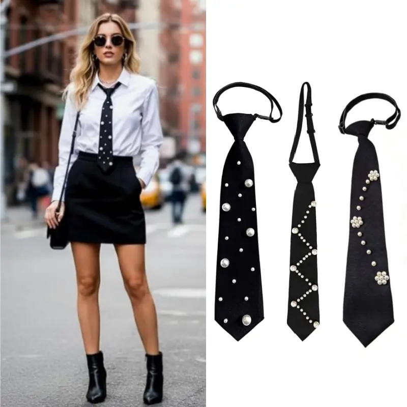 3pcs Black Pre-tied Uniform Neckties - 5.5cm, Artificial Pearl Accents, Adjustable Casual Elegant Tie for Christmas, Anniversary, Concerts, Ideal for Friends' Prom, Banquet Events
