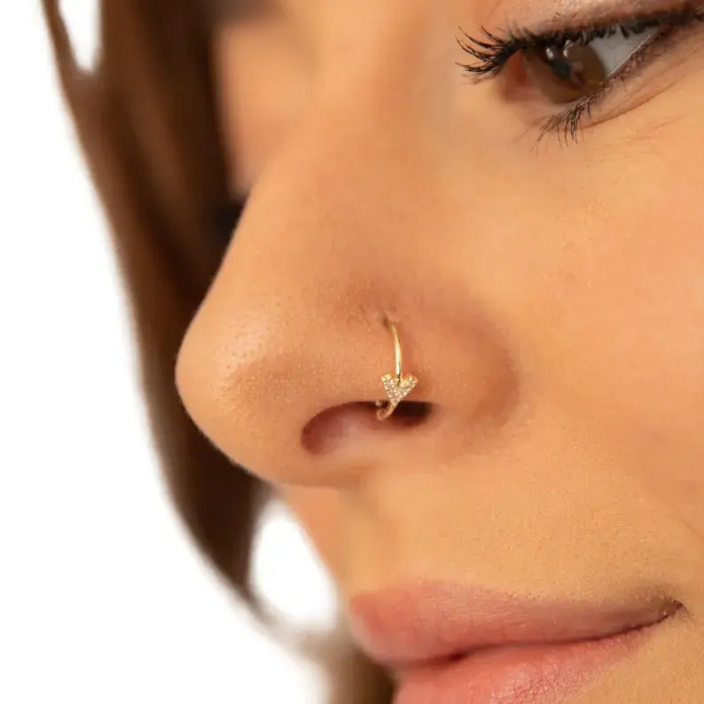 14k Gold Heart Nose Hoop – 20 Gauge Piercing Ring with CZ Stones, 8mm Adjustable