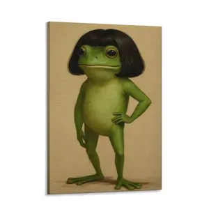 Whimsical Frog Portrait Canvas Poster Funny Animal Wall Art Bob Haircut Frog Meme Art Quirky Green Aesthetic Home Decor Unique Gift