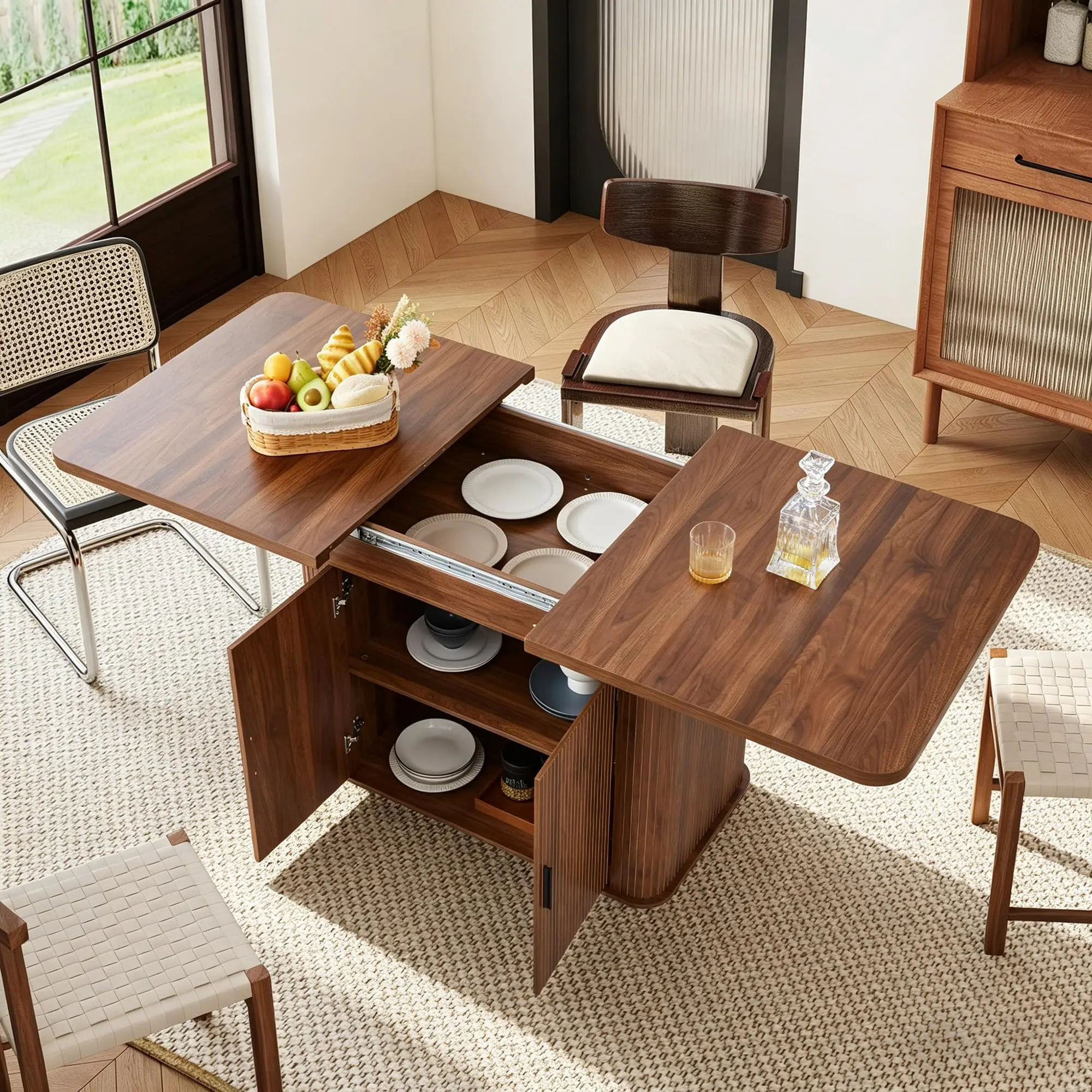 Giratree 55"-71" Extendable Dining Table with Storage, Expandable Kitchen Table for 4-6, Space Saving Dining Room Table with Hidden Storage Cabinet, Adjustable Shelves & Fluted Base