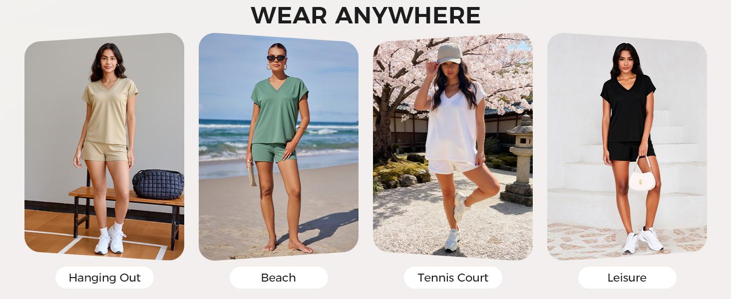 Fisoew Womens 2 Piece Cotton Lounge Sets Workout Matching Outfits V Neck Cap Sleeve Tops and Active Shorts Loungewear SpringStatements