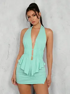 Plunging Neck Backless Halter Top & Skirt