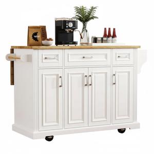54inch Large Kitchen Island with Rubber Wood Drop Leaf Embossed Texture Rolling Cart 4 Wheels 4 Doors 3 Drawers Storage for Kitchen Dining Room White