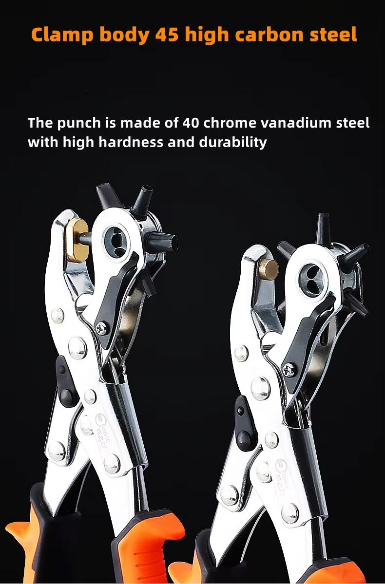 Labor-Saving Multifunctional Leather Punching Pliers, Heavy Duty Revolving Hole Punch Tool with Non-Slip Handle for Belts, Watch Straps, Dog Collars, Crafts & Office Use
