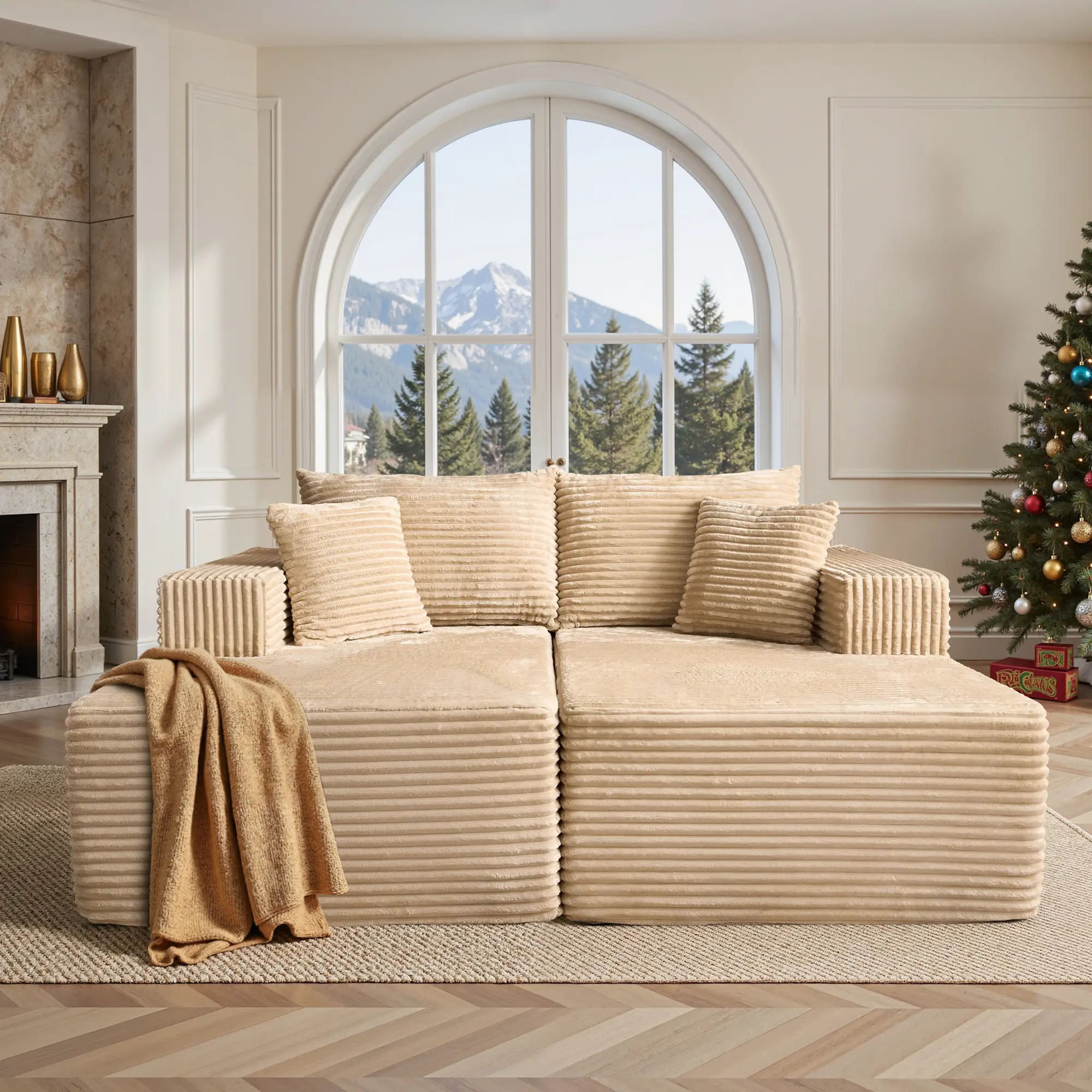 Beige Plush Corduroy Double Chaise Couch