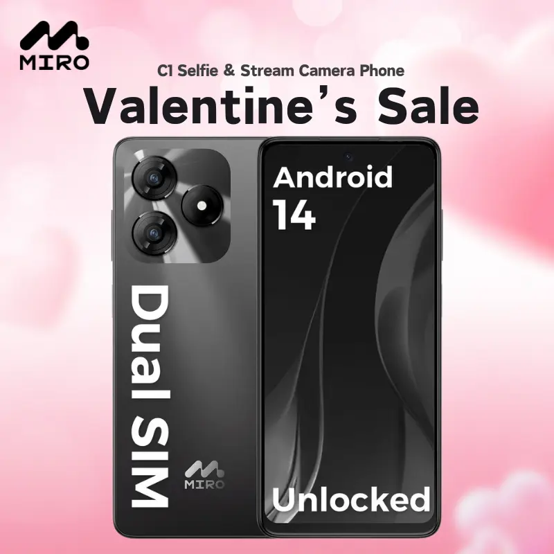【C1】MIRO Selfie & Stream Camera Phone – Dual 50MP Front & Back Cameras, 5000mAh Battery, 12GB RAM + 128GB Storage, Android 14, Unlocked Dual SIM – Perfect for Vlogging, Live Streaming, Travel, Social Media & Daily Use, Ideal Gift for Content Creators