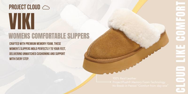 Project Cloud Women's | 100% Genuine Suede Platform Slippers | Memory Foam | Non-Slip - Viki