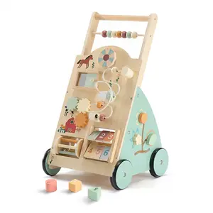 Wooden Baby Walker, Adjustable Speed Montessori Learning Toy with Activity Center, Silent Rubber Wheels for Babies 12 Months, Natural