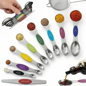 Magnetic Measuring Spoons Set, 9Pcs Double Sided Stainless Steel Measuring Spoons with Leveler, Stackable Metal Teaspoon & Tablespoon Set for Baking & Cooking