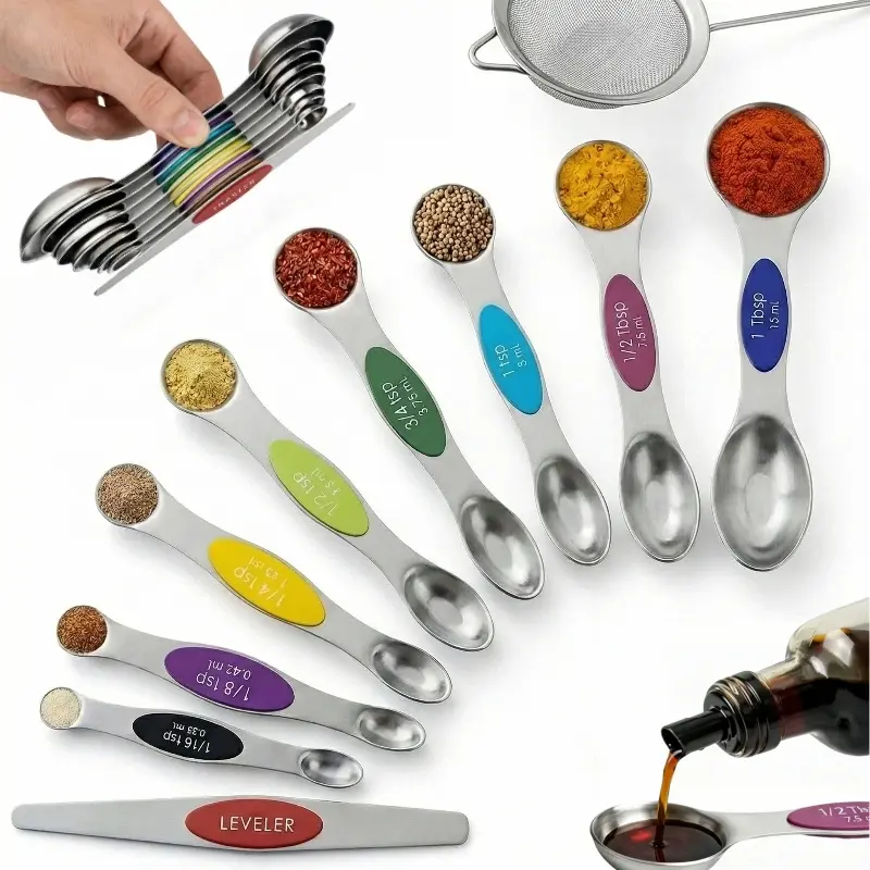 Magnetic Measuring Spoons Set, 9Pcs Double Sided Stainless Steel Measuring Spoons with Leveler, Stackable Metal Teaspoon & Tablespoon Set for Baking & Cooking Kitchen Gadgets Kitchenware