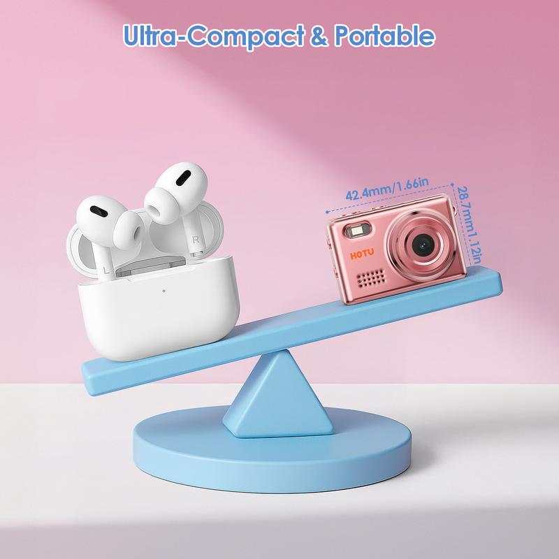 【Valentine's Day gift】HOTU Mini Keychain Digital Camera – Y2K Pocket-Size Camera 1080P HD with 1MP Lens, Flash & 0.96" Screen, 32G Card & Charging Cable Included, Retro Vlog Camera for Travel, Concerts, Kids & Instant Party, Sparkling Rose Gold