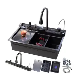 Multifunctional Kitchen Waterfall Sink Digital Display Large Single Gray Sink Dish Basin Sink 304 Stainless Steel with Pull Down Faucet Set Accessories Included