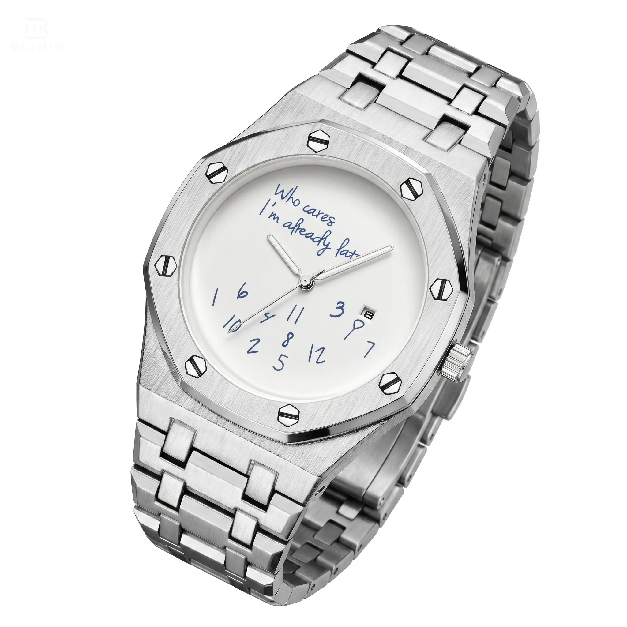 Unisex Casual Trendy Wristwatch - Funny "Who Cares I'm Already Late" Novelty, Minimalist Octagonal Brushed Alloy Quartz Watch with Date Display, Midsize Fit Fashion Statement Timepiece for Men & Women, Unisex Wear