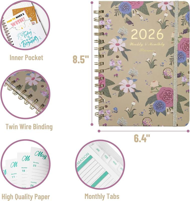 2026 Planner, Weekly and Monthly Calendar Planner for Women, Jan 2026 - Dec 2026, Hardcover Planning Agenda book, Spiral Bound, Inner Pocket, 6.3" x 8.5"