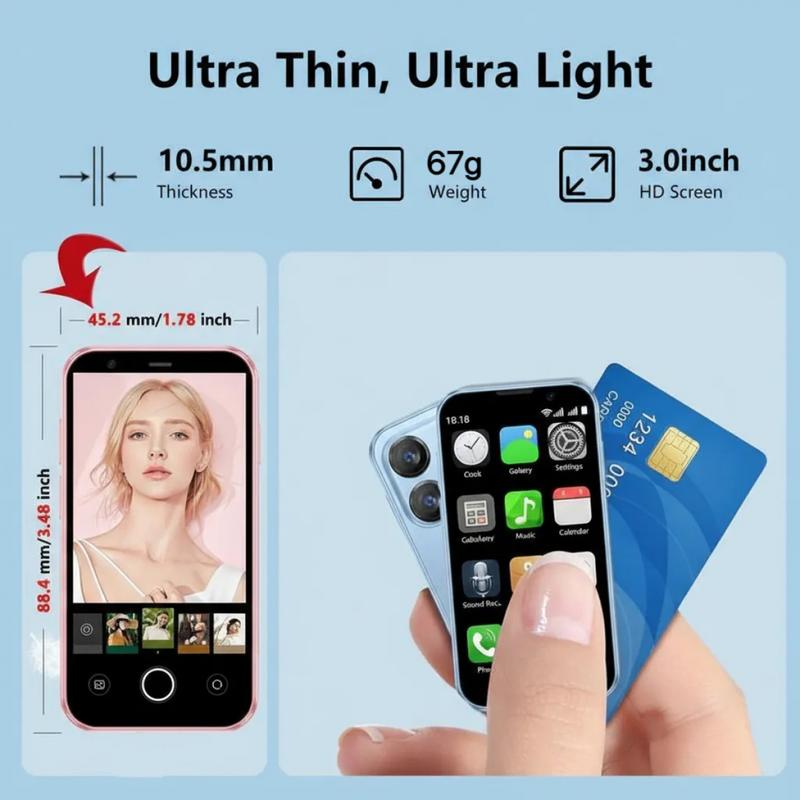 3-inch mini pocket smartphone with HD touch screen, 2+16GB RAM, dual SIM dual standby, 2MP+5MP dual camera, 3G unlocked Android 9 smartphone, supports WiFi, Bluetooth, GPS, and calls.Suitable for children's portable phone