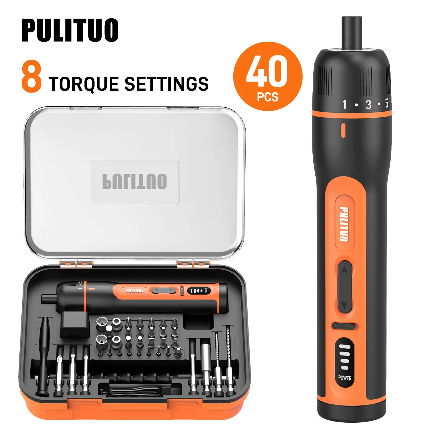 PULITUO Cordless 40-in-1 Electric Screwdriver Kit, 4V 2000mAh Built-in Batteries & Cells, USB Port Charging, 8 Adjustable Torque, 36 Bits, LED Light, Battery Indicator, 1-Button Forward-Reverse, Auto Stop, Household DIY Repair Tool