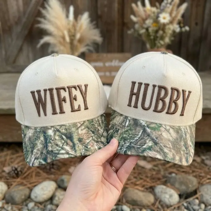 Wifey and Hubby Baseball Hats, Embroidered Camo Cap Set, Matching Couple Hat, Wifey Honeymoon Gift