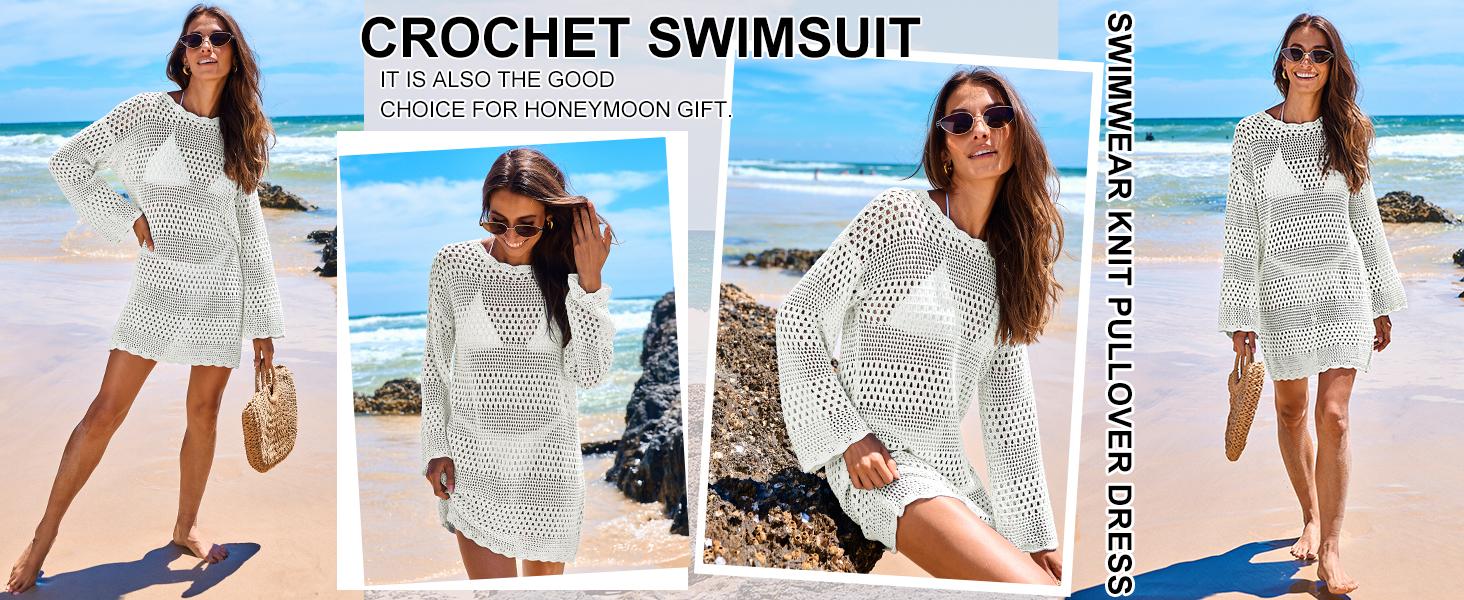 ANRABESS Women Swimsuit Crochet Swim Cover Up Summer vacation Bathing Suit Swimwear Knit Sundress Pullover Swimming Beach Dress