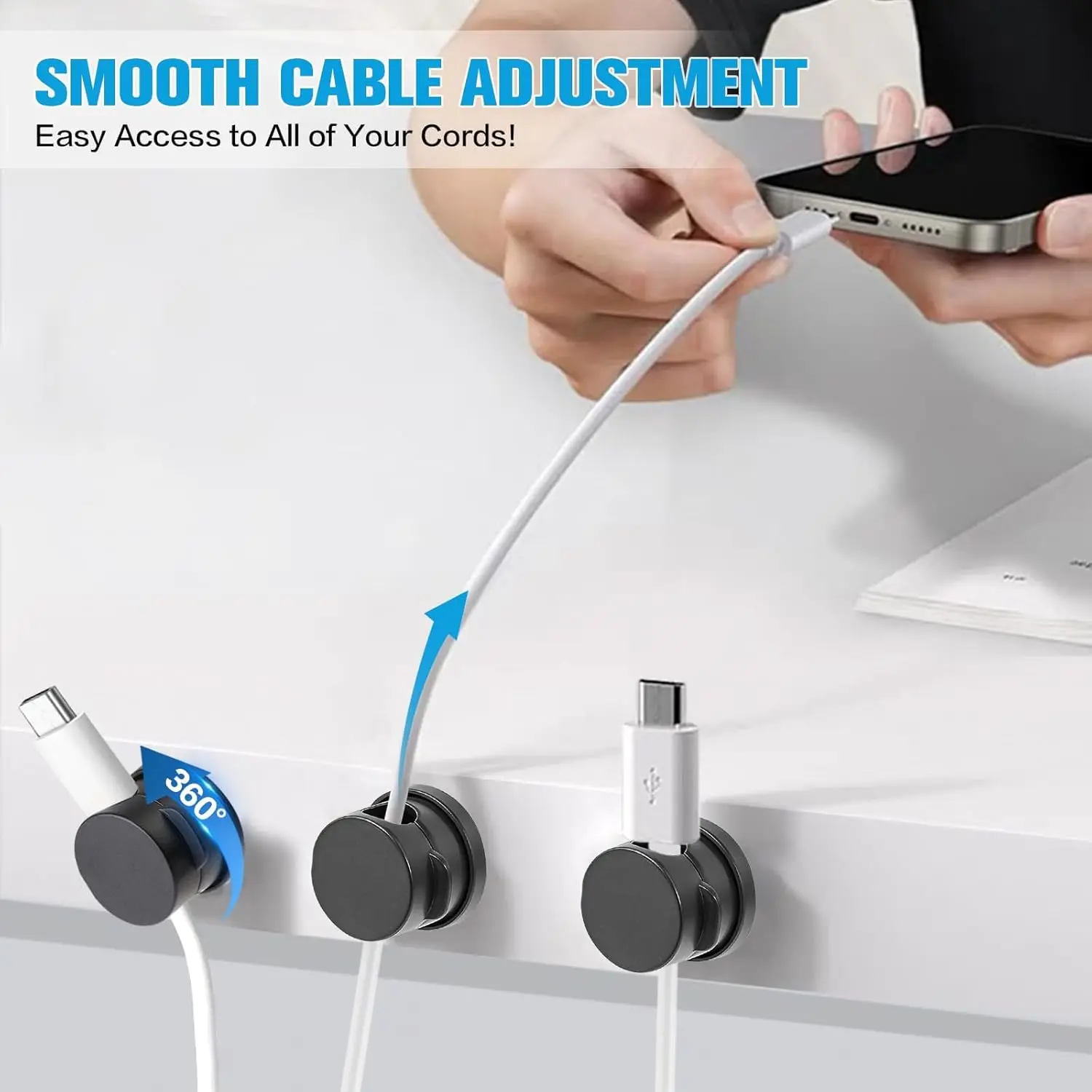 Magnetic Cable Organizer Clips 360° Rotation, Self-Adhesive Magnetic Snap Cord Holder for Desk & Phone Charger, Reusable No Drill Wire Management System (6 Pack)