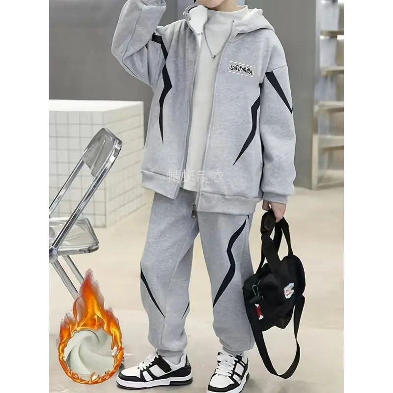 Boys' 2-Piece Thick Polyester Alphabet Print Tracksuit - Long Sleeve Hooded Zip-Up Jacket & Pants Set, Casual Sportswear, Age-Based Sizes (9-10y,11-12y,13y), Fall Casual & Gym Activewear, Kids' Clothing Set, Jacket And Pants Set