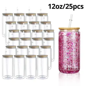 25pack 12oz Sublimation Snow Globe Glass Cans, Double Wall Snow Globe Glass Cups with Pre-drilled Hole, Snowglobe Coffee Mug Cups with Bamboo Lid and Straw, Silicone Plug, for Glitter Snow Globe DIY, Festive Gifts. Bottles Drinkware