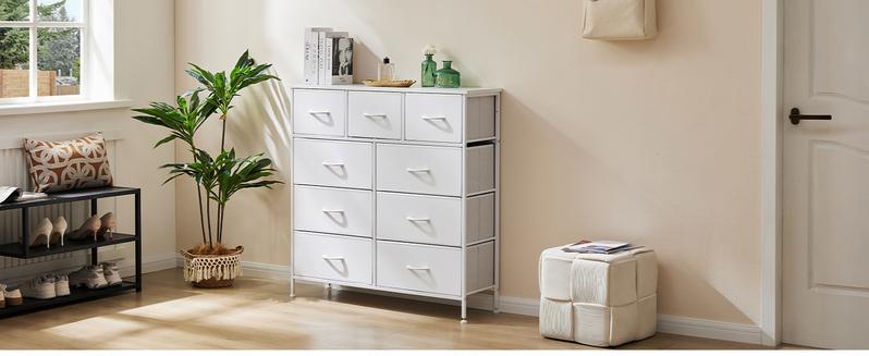 【Deal】Fabric Storage Tower with 9 Drawers, Bedroom Drawer Dresser Organizer, Chest of Drawers with Fabric Bins, Steel Frame and Wood Top