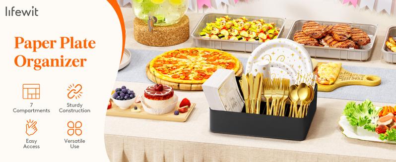 Paper Plate Organizer for Kitchen Countertop, Cutlery Flatware Dispenser Box for Cup Spoon Fork Plate Napkin, Black