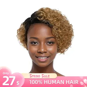 Gieswy hair 6inch T1B/27 Color & 1B Color Women's Short Curly Bob Wig with Bangs, 6 Inch Curly Real Hair Wigs, Real Human Fiber, Full Machine Made, Perfect for Daily Wear
