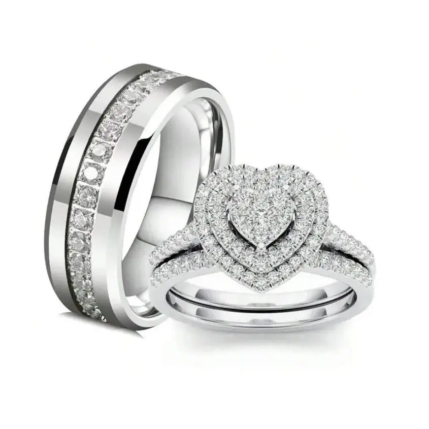 Heart Shaped Bridal Engagement Rings for Women and Men Couples Matching Ring Set with Sparkling Stones Promise Rings Wedding Rings Anniversary Gift Valentines Day Gift Romantic Jewelry Daily Wear Jewelry