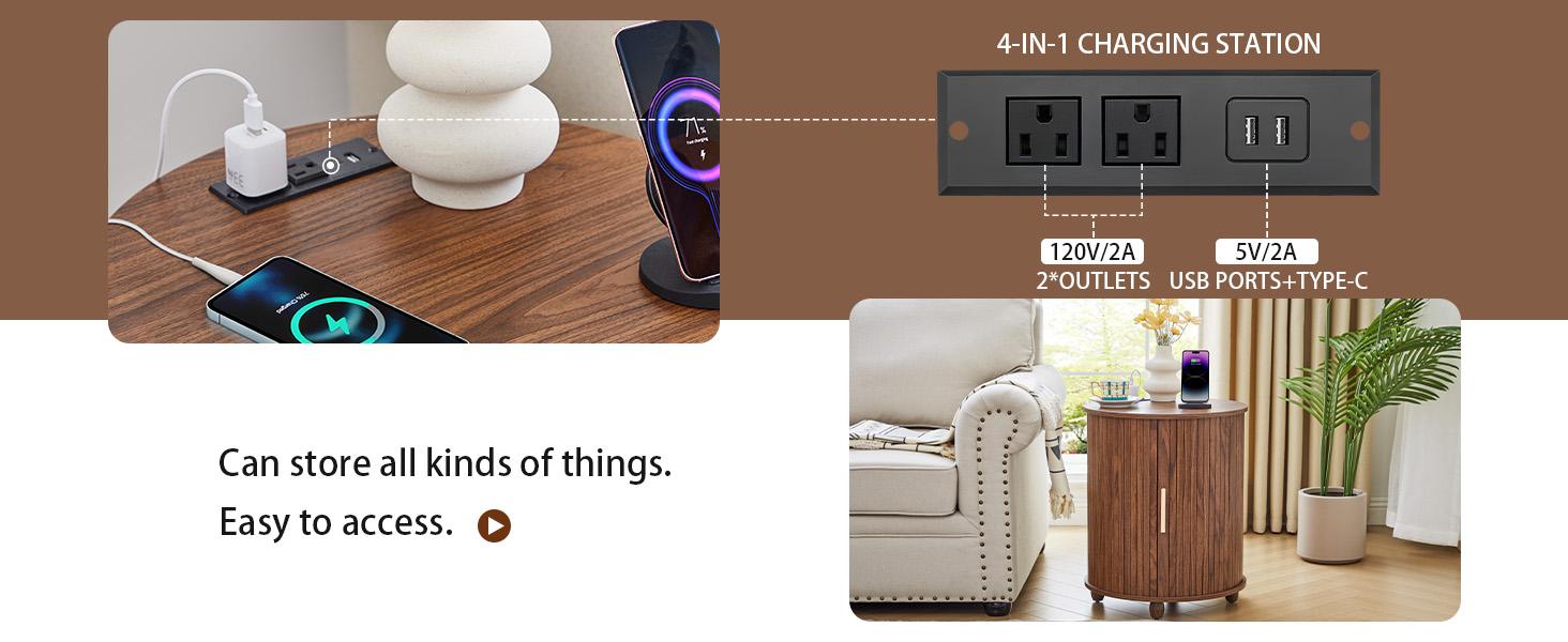 Giratree Fluted Round End Table with Charging Station, Farmhouse Small Sofa Side Table with Sliding Tambour Door & Storage, Mid-Century Wood Fulted Nightstands for Living Room, Bedroom