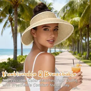 Sun Hats Visor for Women, UV UPF Straw Beach Hat Foldable Wide Brim Ponytail Summer Hats Packable Travel