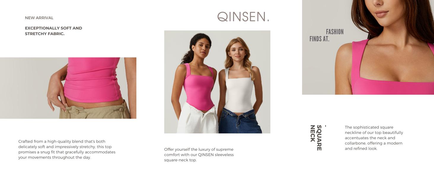 【Runs Small】QINSEN Women's Square Neck Sleeveless Double-Layer Tank Tops Basic Tight T Shirts short