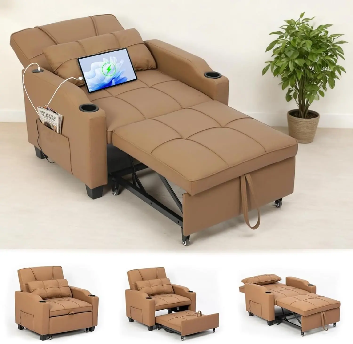 GAOMON 4-in-1 Convertible Compact Sleeper Sofa Bed - Ergonomic Recliner Armchair with Adjustable Reclining, Vibration Massage Lumbar Pillow, USB/Type-C Port, Cup Holders, Side Pocket for Small Durable Living Areas, Sleeping