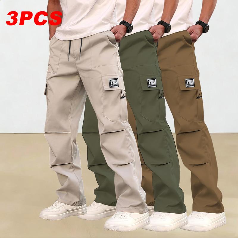 Men's multi-pocket work pants, 3-pack, suitable for all seasons and machine washable; mid-rise with drawstring closure; non-stretch polyester fabric; casual wear with pockets; versatile cargo pants