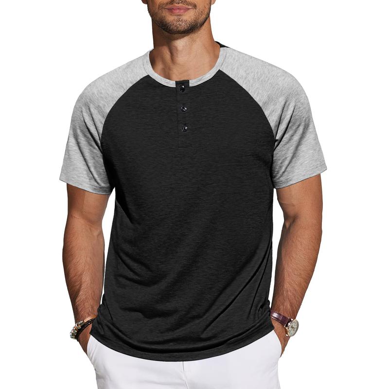 AUSELILY Men's 95% Cotton Soft Short-Sleeve Color Block Henley Tshirt, Button-Front Dropped-Shoulder Breathable Top with Just the Right Stretch, Pairs with Jeans or Chinos for Weekends, Refer to Size Chart