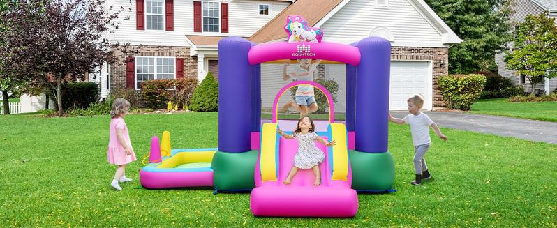 [No Ocean Ball Included]Costzon Inflatable Bounce House with Air Blower & Ball Pit, Bouncy House for Kids Indoor Outdoor w/Basketball Hoop, 480w Blower, Mini Bounce House with Slide for Boys Girls Backyard Birthday Party Gifts for 3-12