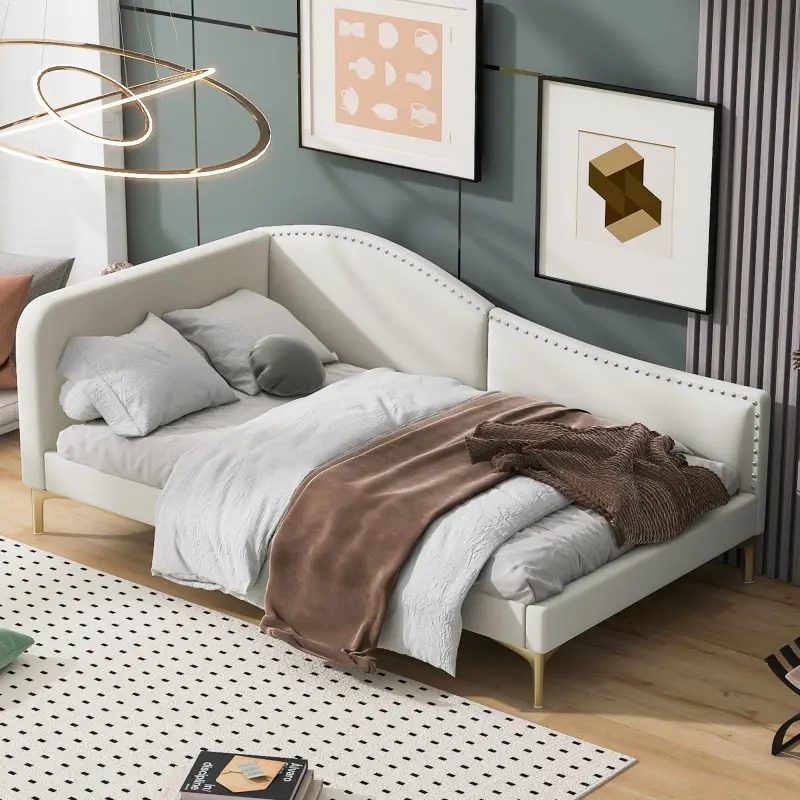 [Bellemave]Twin Size Upholstered Daybed with Headboard and Armrest, Support Legs, Beige Modern Design