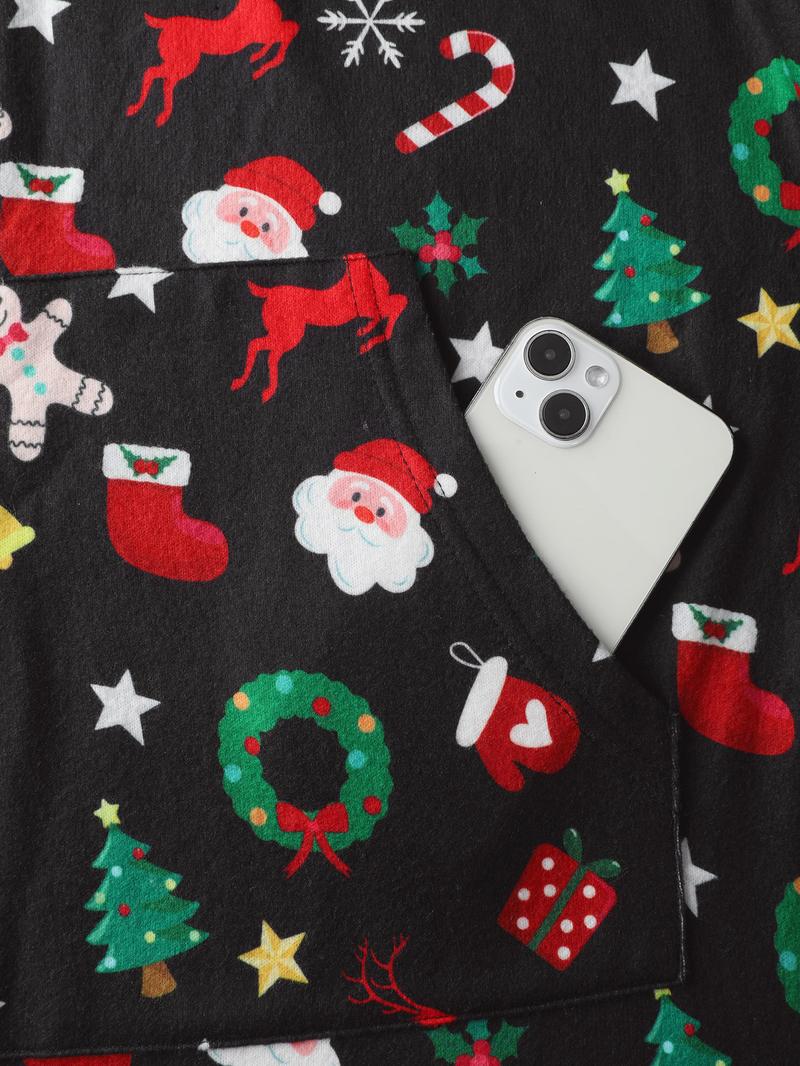 BLOOMCHIC Holiday Spirit Pockets Hooded Sleep Jumpsuit - Christmas Print, Extra Long Sleeve, Multicolor, Regular Fit, Zipper Closure, Loungewear & Nightwear for Women overalls