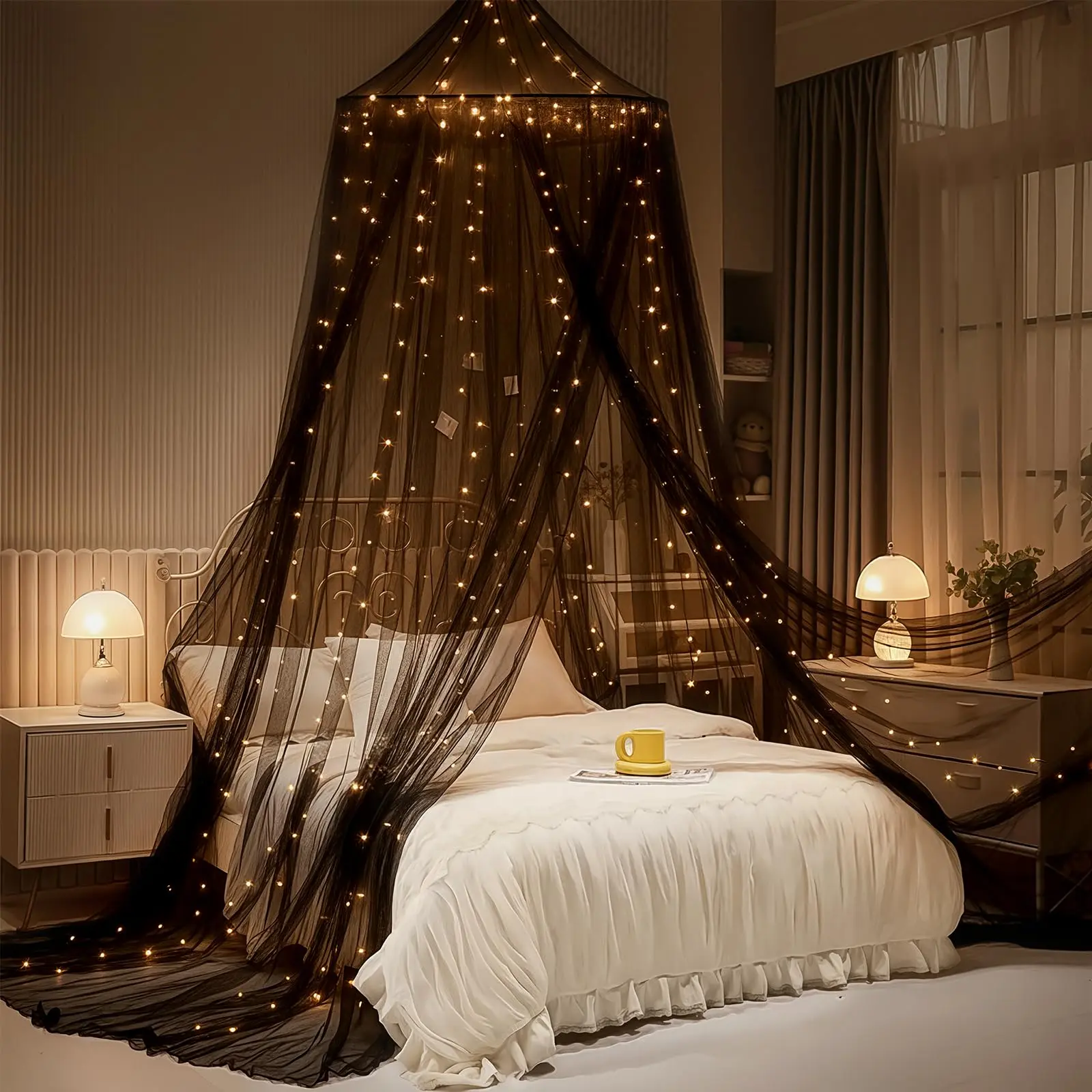 Bed Canopy with Lights, Bed Canopy for Girls Princess with Luminous Stars, Canopy Bed Curtains for Twin to King Size Bed, Baby Kids Adult Indoor Decor Bedroom Reading Nook Halloween Decoration (Black)