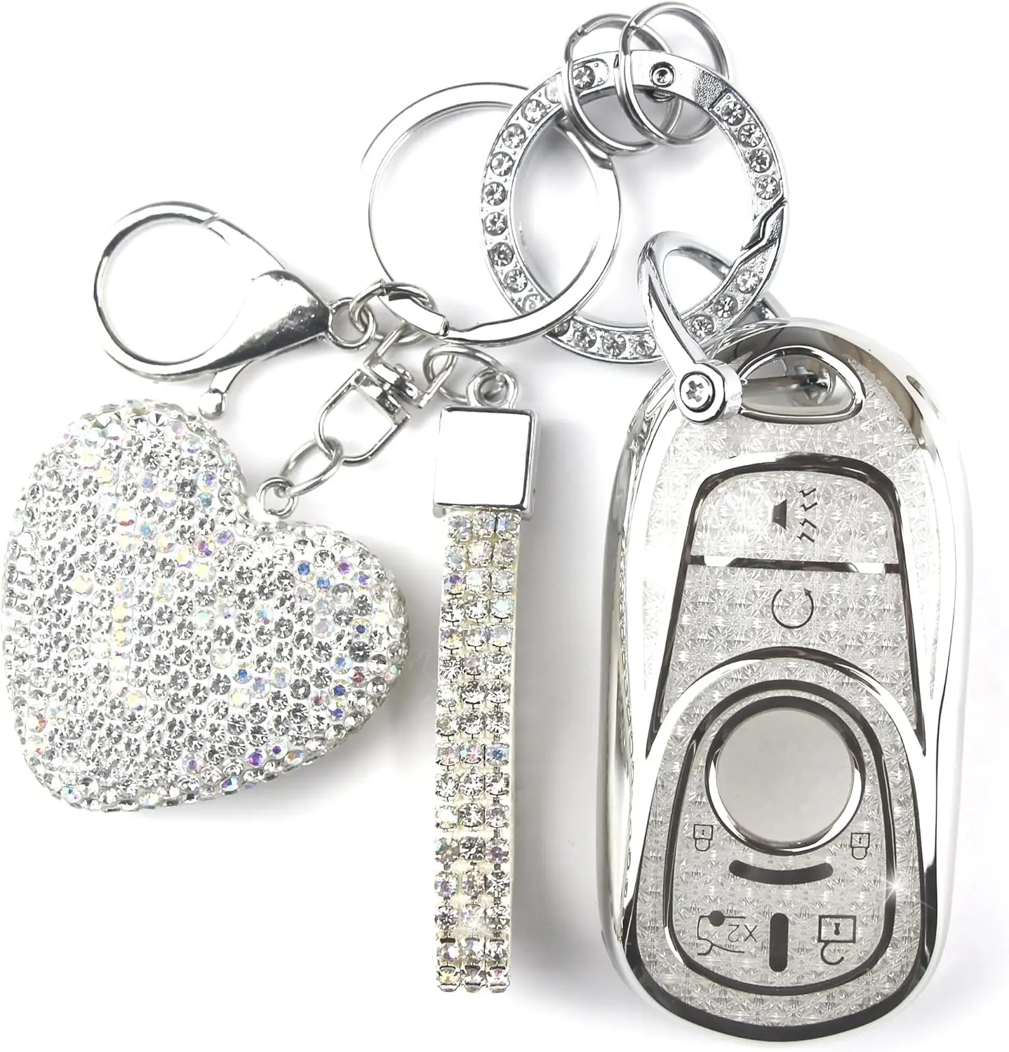 Key Fob Cover with Diamond Keychain Car Key Holder Compatible with Buick GX Enclave Encore LaCrosse Regal Envision Tourx GL8 Smart Remote Key Protector for Women, 6 Buttons (Silver-Heart)