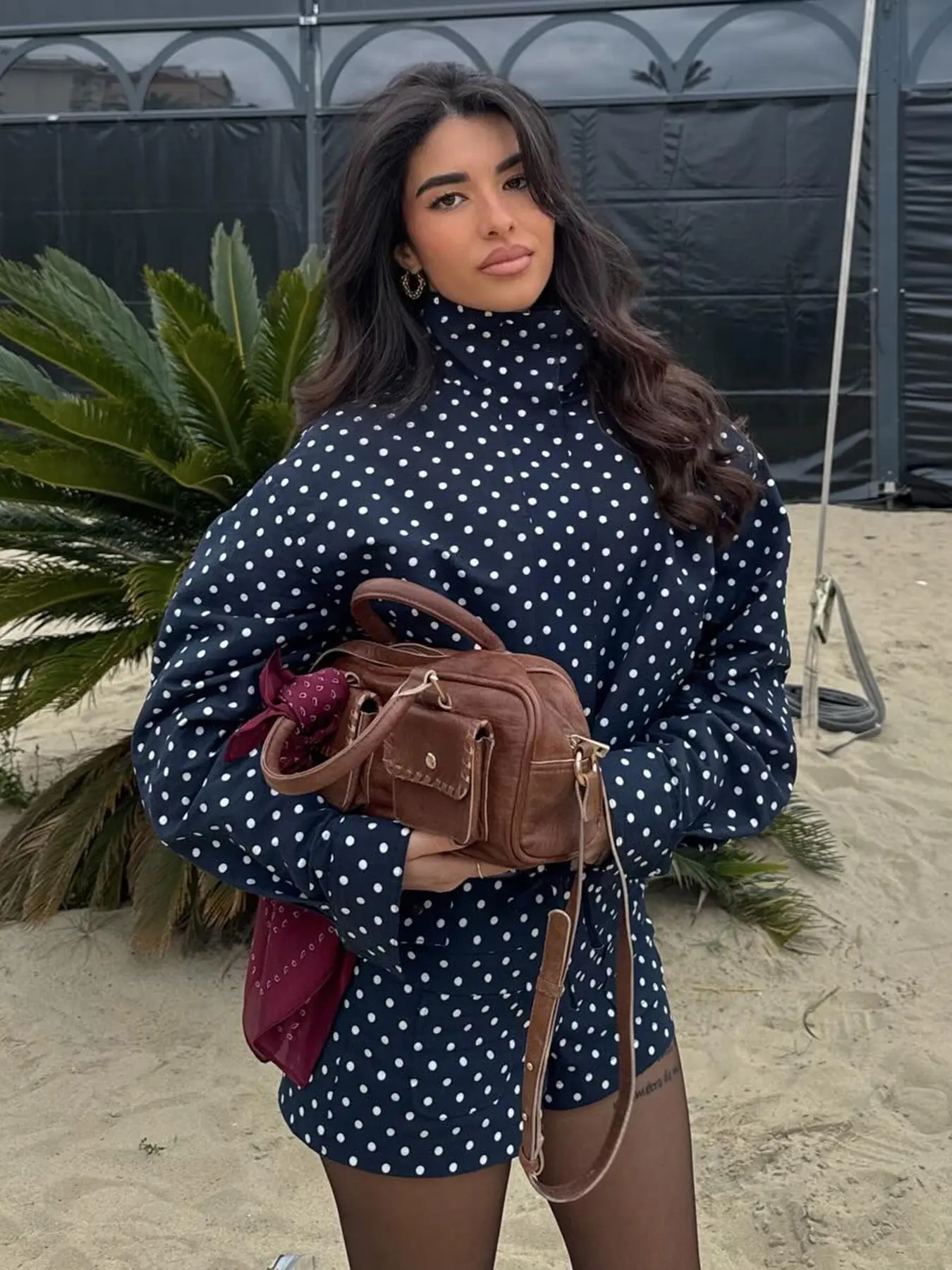 Women's Vintage Polka Dot Jacket Shorts Set, Stand Collar Long Sleeve Loose Fit, A-Line High-Waisted Pocket Shorts, Street Style Casual Wear, Streetwear