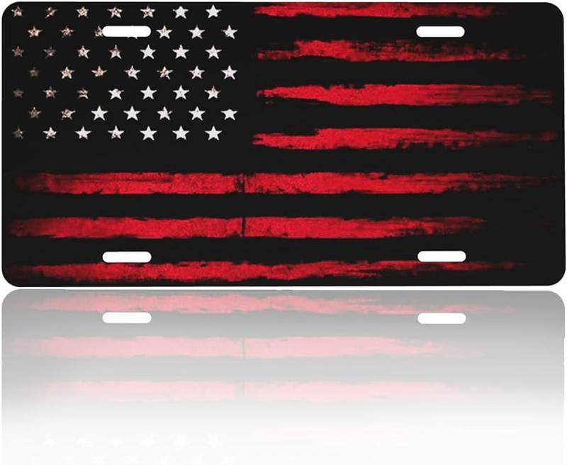 Front License Plate Cover Car Decor Accessory Aluminum Metal Rust-Proof US Car Plate Novelty Vanity Tag Cover with 4 Holes for Men Women 6 * 12 in - Black Red American Flag