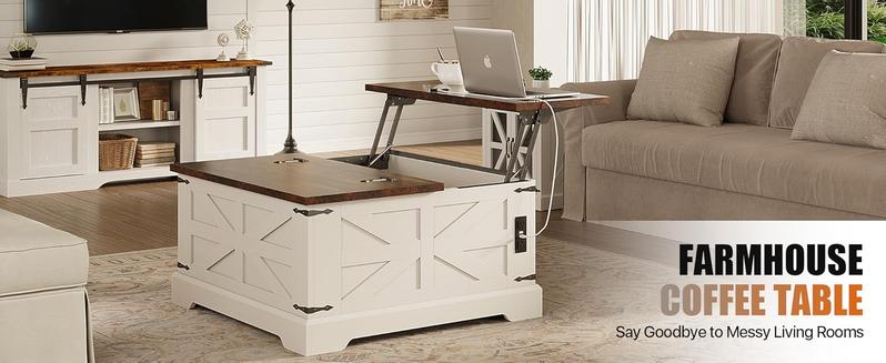 oneinmil 31" Lift Top Coffee Table with Storage Large Hidden Compartment White Square Farmhouse Coffee Table with Outlets USB Ports for Living Room