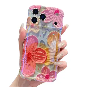 HOTSIAD Colorful Retro Oil Painting Printed Flower Laser Glossy Pattern Cute Curly Wave Edge Exquisite Phone Cover For iPhone 17 16 15 14 13 12 11 Pro Max Stylish Durable TPU Protective Case for Girl Wome